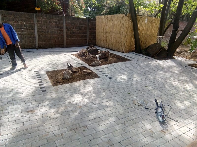 Grey and charcoal paving with tree cutouts in Gauteng